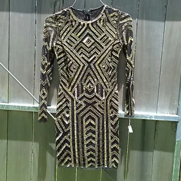 Gianni Bini Dresses | Nwt Beaded Sequin Geometric Dress | Color: Black/Gold | Size: 0 | Pm-96938177'S Closet